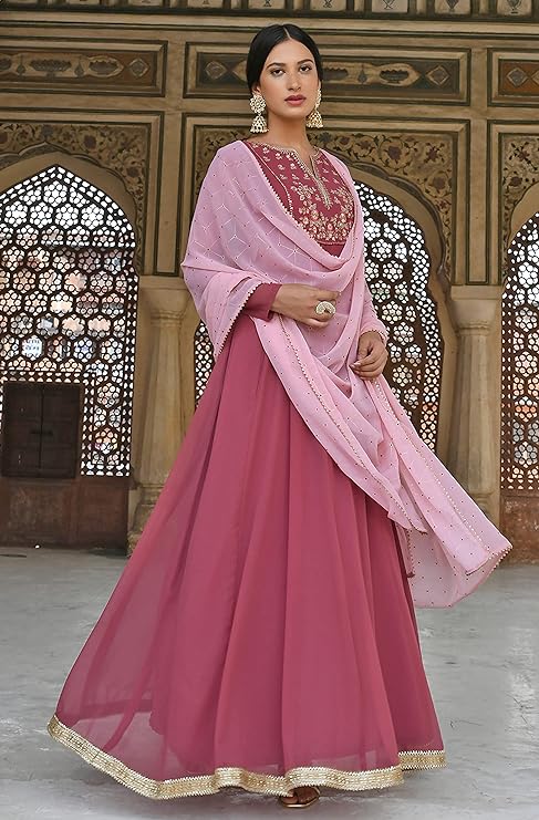 Women's Old Rose Georgette Embroidered Kurta with Dupatta