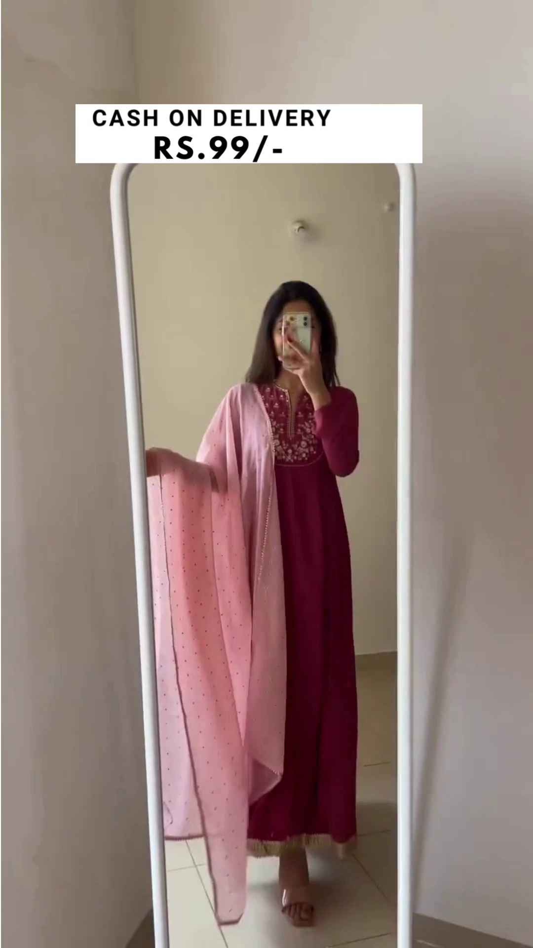 Women's Old Rose Georgette Embroidered Kurta with Dupatta