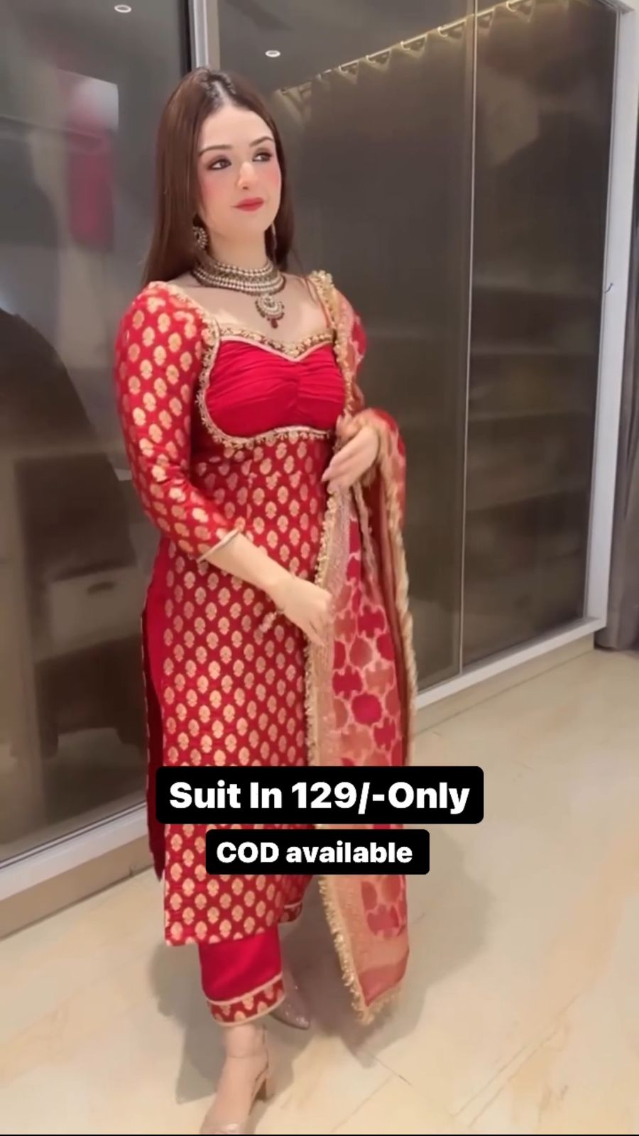 Red Banarasi Printed Wedding Wear Suit Set