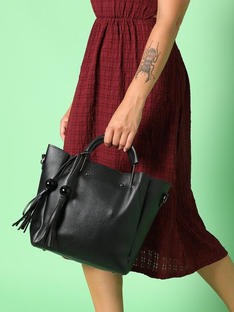 Black Textured Handbag & Pouch Set