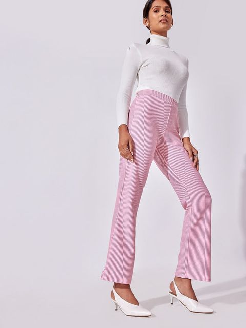 Pink Striped Straight Fit Trousers