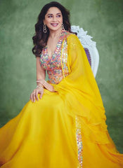 Bollywood Style Madhuri Dixit Yellow Color Multi Work Lehenga Choli