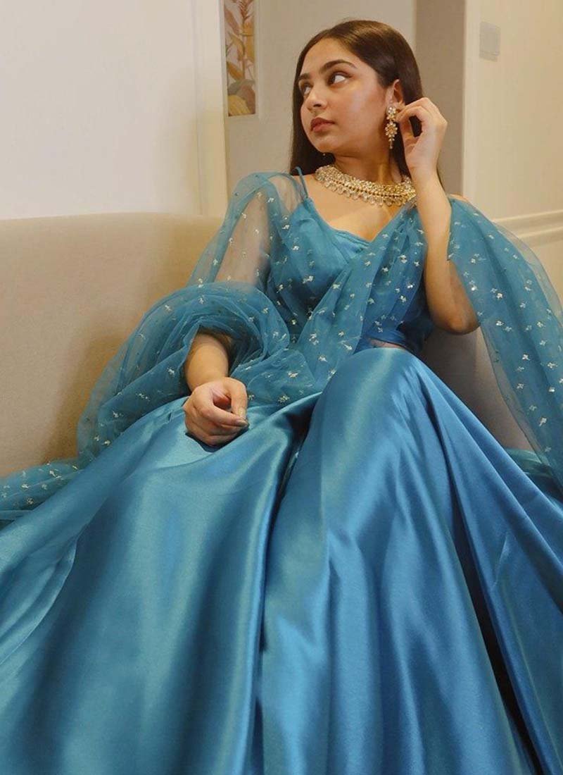 Awesome Cerulean Blue Satin Lehengha Choli For Woman