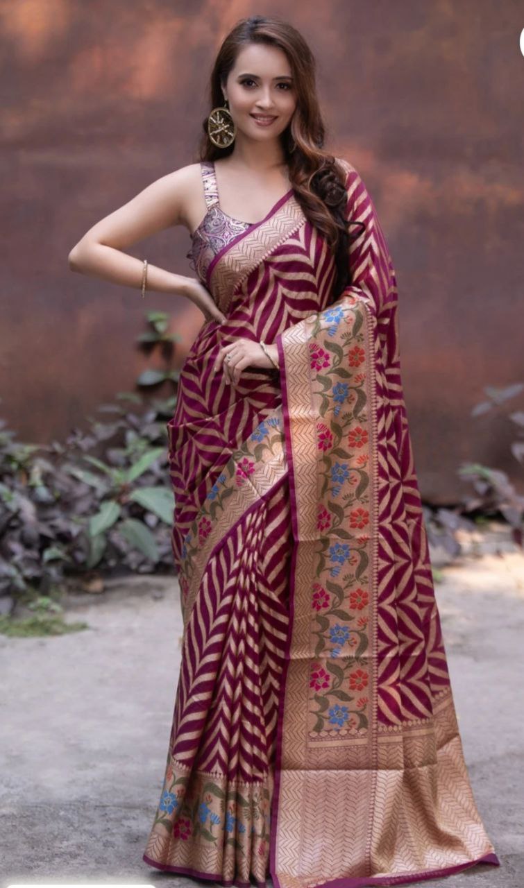 Banarasi Silk Festival Wear Bright Magenta Color Saree For Woman