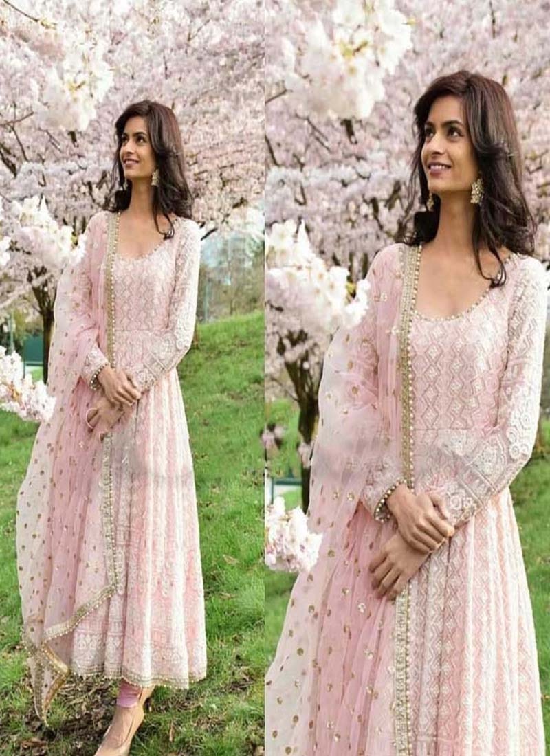Georgette Semi Stitched Baby Pink Color Designer Gown