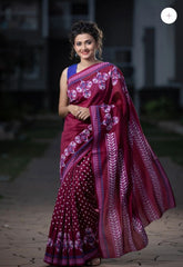 Ajrakh Print Cotton Silk Party Wear Magenta Saree For Woman