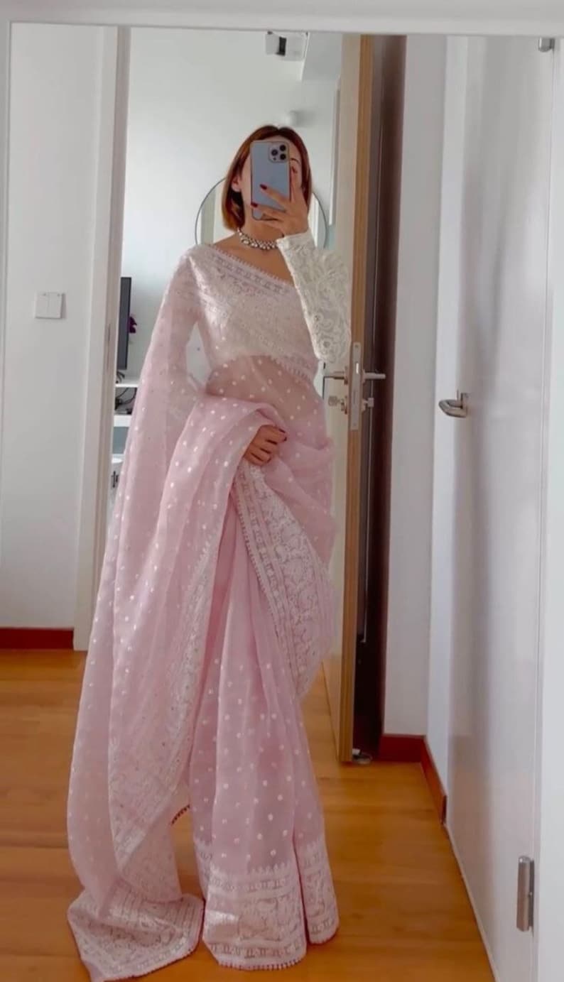 Baby Pink Color Heavy Organza Silk Fabric On Embroidery Sequence Work Saree Bollywood Style Saree Party Wear Saree Designer Saree Usa Saree